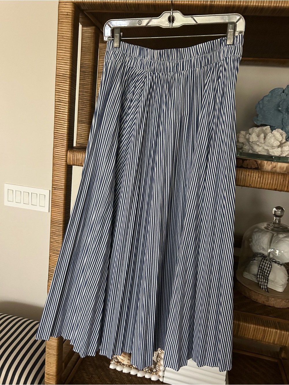 J Crew Blue and White Striped Pleated Maxi Skirt